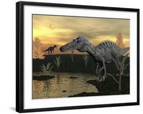 Suchomimus Dinosaurs Walking Next to Pond at Sunset-Stocktrek Images-Framed Art Print