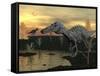 Suchomimus Dinosaurs Walking Next to Pond at Sunset-Stocktrek Images-Framed Stretched Canvas