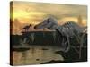 Suchomimus Dinosaurs Walking Next to Pond at Sunset-Stocktrek Images-Stretched Canvas