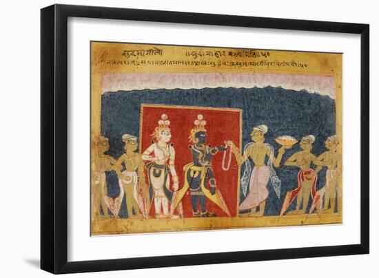 Sudama Offers a Garland to Krishna-null-Framed Art Print