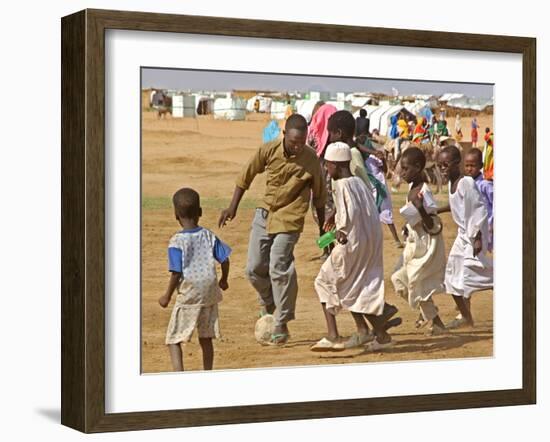 Sudanese Displaced Children Play Soccer at Abu Shouk Camp-null-Framed Premium Photographic Print