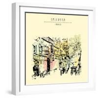 Sudder Street in Calcutta, West Bengal, India. Old Buildings, Guest Houses. Rickshaws, Trees. Hand-babayuka-Framed Art Print