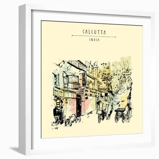 Sudder Street in Calcutta, West Bengal, India. Old Buildings, Guest Houses. Rickshaws, Trees. Hand-babayuka-Framed Art Print