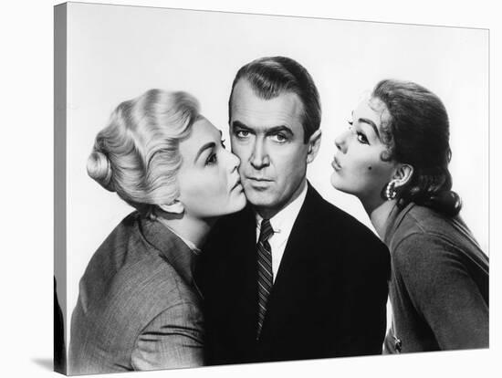 Sueurs Froides VERTIGO by AlfredHitchcock with James Stewart and Kim Novak, 1958 (b/w photo)-null-Stretched Canvas