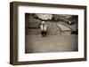 Suffering Young Woman on Urban Scenery. Hard Sepia Toned with Vignetting.-Jose AS Reyes-Framed Photographic Print