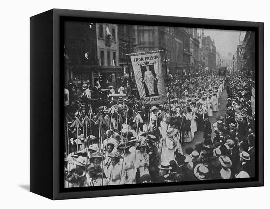 Suffragette Demonstration with Women Carrying Wands Tipped with Silver Broad-Arrows and Banner-null-Framed Stretched Canvas