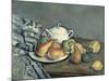 Sugar Bowl, Pears and Carpet-Paul Cézanne-Mounted Giclee Print
