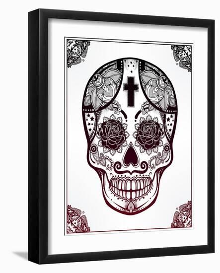Sugar Skull in Floral Frame Illustration.-Katja Gerasimova-Framed Art Print