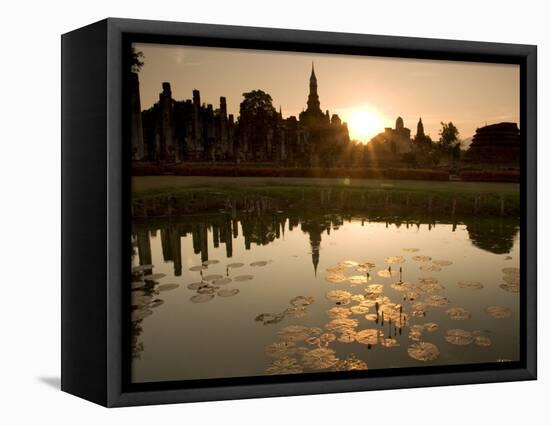 Sukhothai Ruins and Sunset Reflected in Lotus Pond, Thailand-Gavriel Jecan-Framed Stretched Canvas