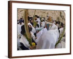 Sukot Festival, Jews in Prayer Shawls Holding Lulav and Etrog, Praying by the Western Wall, Israel-Eitan Simanor-Framed Photographic Print