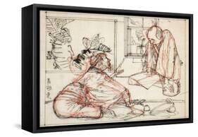 Sumi and Extensive Red Underdrawing on Paper-Yoshitoshi Tsukioka-Framed Stretched Canvas