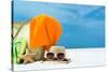 Summer Beach Bag with Coral,Towel and Flip Flops on Sandy Beach-oleggawriloff-Stretched Canvas