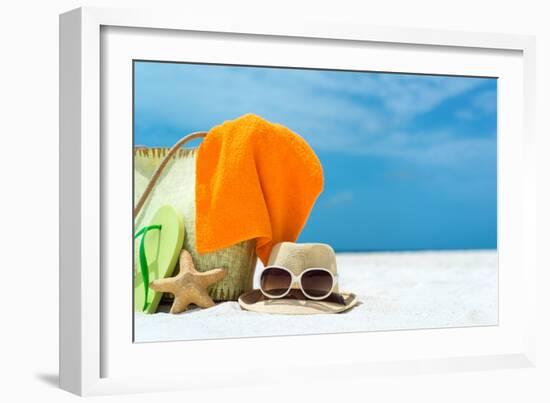 Summer Beach Bag with Coral,Towel and Flip Flops on Sandy Beach-oleggawriloff-Framed Photographic Print