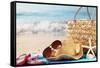 Summer Beach Bag with Straw Hat,Towel,Sunglasses and Flip Flops on Sandy Beach-Sofiaworld-Framed Stretched Canvas