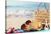 Summer Beach Bag with Straw Hat,Towel,Sunglasses and Flip Flops on Sandy Beach-Sofiaworld-Stretched Canvas