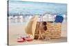 Summer Beach Bag with Straw Hat,Towel,Sunglasses and Flip Flops on Sandy Beach-Liang Zhang-Stretched Canvas