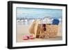 Summer Beach Bag with Straw Hat,Towel,Sunglasses and Flip Flops on Sandy Beach-Liang Zhang-Framed Photographic Print