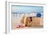 Summer Beach Bag with Straw Hat,Towel,Sunglasses and Flip Flops on Sandy Beach-Liang Zhang-Framed Photographic Print