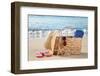 Summer Beach Bag with Straw Hat,Towel,Sunglasses and Flip Flops on Sandy Beach-Liang Zhang-Framed Photographic Print