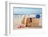 Summer Beach Bag with Straw Hat,Towel,Sunglasses and Flip Flops on Sandy Beach-Liang Zhang-Framed Photographic Print