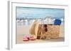 Summer Beach Bag with Straw Hat,Towel,Sunglasses and Flip Flops on Sandy Beach-Liang Zhang-Framed Photographic Print