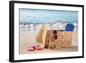 Summer Beach Bag with Straw Hat,Towel,Sunglasses and Flip Flops on Sandy Beach-Liang Zhang-Framed Photographic Print