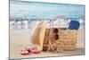 Summer Beach Bag with Straw Hat,Towel,Sunglasses and Flip Flops on Sandy Beach-Liang Zhang-Mounted Photographic Print