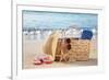 Summer Beach Bag with Straw Hat,Towel,Sunglasses and Flip Flops on Sandy Beach-Liang Zhang-Framed Photographic Print