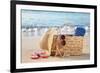 Summer Beach Bag with Straw Hat,Towel,Sunglasses and Flip Flops on Sandy Beach-Liang Zhang-Framed Photographic Print