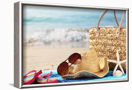 Summer Beach Bag with Straw Hat,Towel,Sunglasses and Flip Flops on Sandy Beach-Sofiaworld-Framed Photographic Print