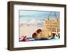 Summer Beach Bag with Straw Hat,Towel,Sunglasses and Flip Flops on Sandy Beach-Sofiaworld-Framed Photographic Print