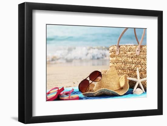 Summer Beach Bag with Straw Hat,Towel,Sunglasses and Flip Flops on Sandy Beach-Sofiaworld-Framed Photographic Print