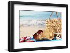 Summer Beach Bag with Straw Hat,Towel,Sunglasses and Flip Flops on Sandy Beach-Sofiaworld-Framed Photographic Print