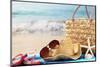 Summer Beach Bag with Straw Hat,Towel,Sunglasses and Flip Flops on Sandy Beach-Sofiaworld-Mounted Photographic Print