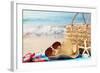 Summer Beach Bag with Straw Hat,Towel,Sunglasses and Flip Flops on Sandy Beach-Sofiaworld-Framed Photographic Print