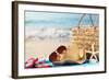 Summer Beach Bag with Straw Hat,Towel,Sunglasses and Flip Flops on Sandy Beach-Sofiaworld-Framed Photographic Print