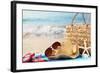 Summer Beach Bag with Straw Hat,Towel,Sunglasses and Flip Flops on Sandy Beach-Sofiaworld-Framed Photographic Print