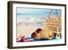 Summer Beach Bag with Straw Hat,Towel,Sunglasses and Flip Flops on Sandy Beach-Sofiaworld-Framed Photographic Print