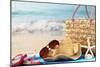 Summer Beach Bag with Straw Hat,Towel,Sunglasses and Flip Flops on Sandy Beach-Sofiaworld-Mounted Photographic Print