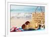 Summer Beach Bag with Straw Hat,Towel,Sunglasses and Flip Flops on Sandy Beach-Sofiaworld-Framed Photographic Print