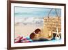 Summer Beach Bag with Straw Hat,Towel,Sunglasses and Flip Flops on Sandy Beach-Sofiaworld-Framed Photographic Print