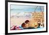 Summer Beach Bag with Straw Hat,Towel,Sunglasses and Flip Flops on Sandy Beach-Sofiaworld-Framed Photographic Print