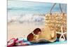 Summer Beach Bag with Straw Hat,Towel,Sunglasses and Flip Flops on Sandy Beach-Sofiaworld-Mounted Photographic Print