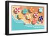 Summer Beach in Flat Design, Aerial View, Sea Side and Umbrellas, Vector Illustration-BlueLela-Framed Art Print