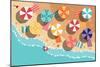 Summer Beach in Flat Design, Aerial View, Sea Side and Umbrellas, Vector Illustration-BlueLela-Mounted Art Print