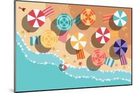 Summer Beach in Flat Design, Aerial View, Sea Side and Umbrellas, Vector Illustration-BlueLela-Mounted Art Print