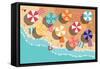 Summer Beach in Flat Design, Aerial View, Sea Side and Umbrellas, Vector Illustration-BlueLela-Framed Stretched Canvas