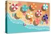 Summer Beach in Flat Design, Aerial View, Sea Side and Umbrellas, Vector Illustration-BlueLela-Stretched Canvas