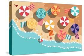 Summer Beach in Flat Design, Aerial View, Sea Side and Umbrellas, Vector Illustration-BlueLela-Stretched Canvas