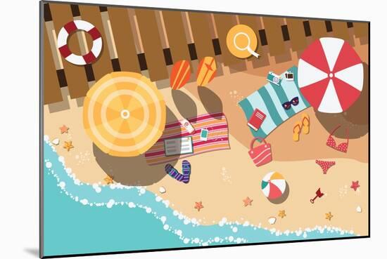 Summer Beach in Flat Design, Sea Side and Beach Items, Vector Illustration-BlueLela-Mounted Art Print